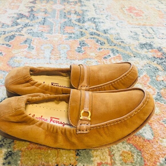 FERRAGAMO Vintage Suede Tan Horse Bit Logo Stretch Elastic Loafers Shoes W 7.5B - Picture 5 of 11